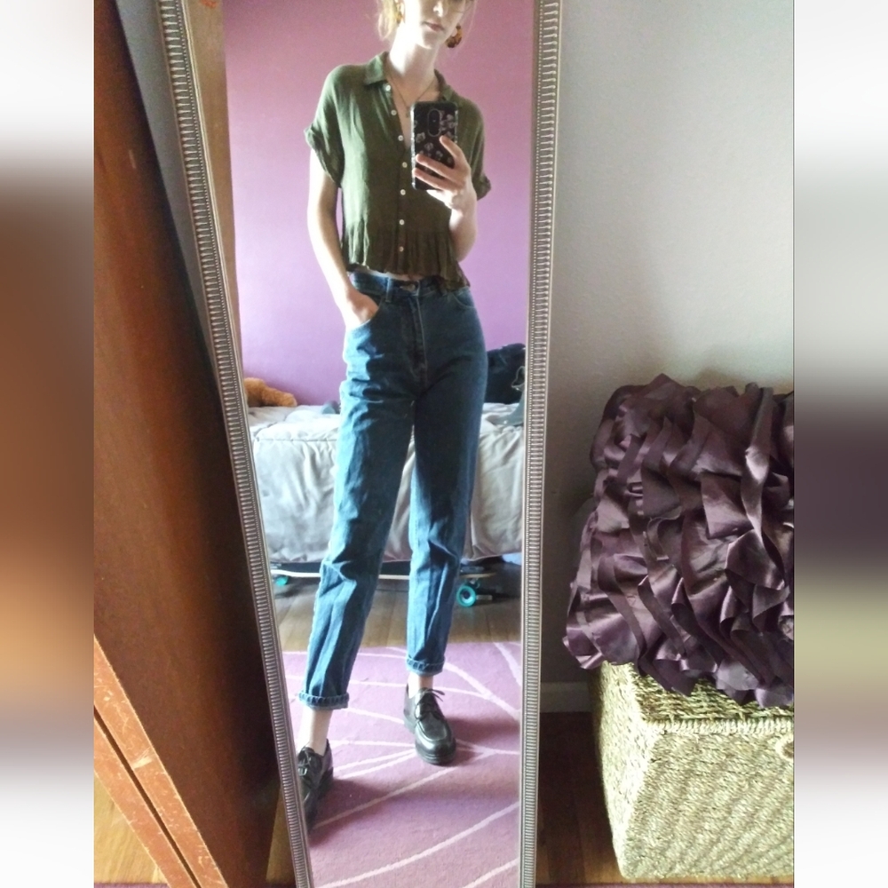 Soul Cake Cropped Olive Green Ruffled Cottagecore Button Up Y2K 90s Fairycore - Picture 2 of 15